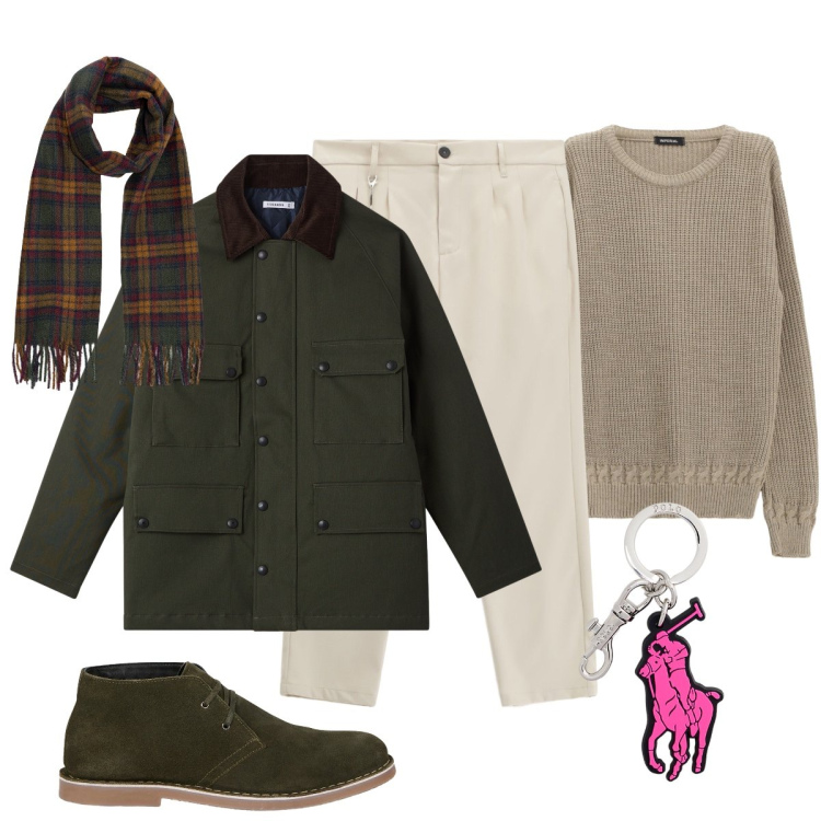 Outfit uomo - Il portachiavi indispensabile. Stile Trendy per Tutti i giorni. Abbinamento con eskimo, pantaloni, maglieria, portachiavi, stivali e stivaletti, sciarpe.