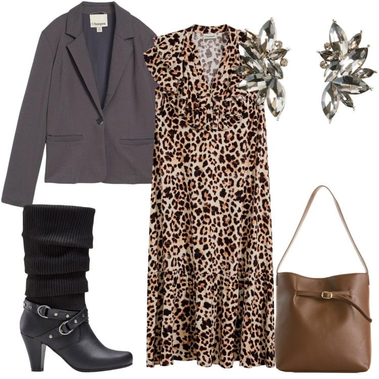 Outfit donna - Bonprix Sngles\' Day : animalier. Stile Trendy per Tutti i giorni. Abbinamento con vestiti midi/longuette, stivali, blazer, borse a mano, orecchini.