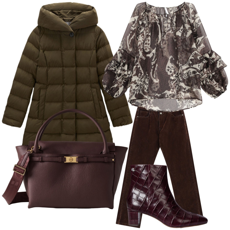 Outfit donna - Ufficio color cioccolato. Stile Urban per Ufficio. Abbinamento con pantaloni, camicie, borse a mano, stivaletti, parka.