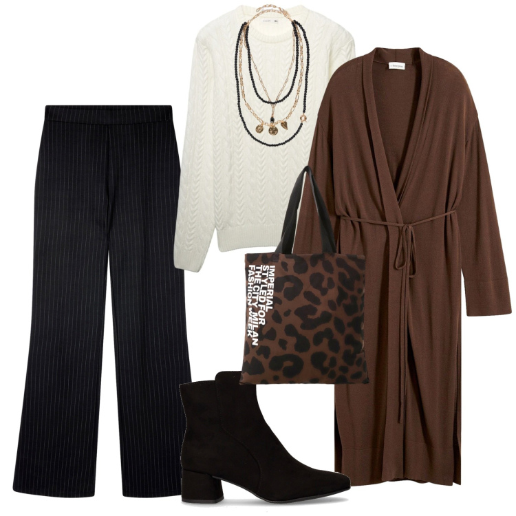 Outfit donna - Lines style. per Tutti i giorni. Abbinamento con cappotti, pantaloni, pullovers, shopping bag, collane, stivaletti.