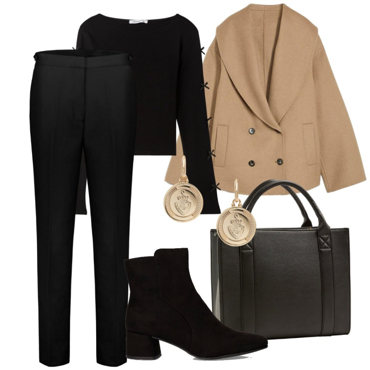Outfit donna - Tutto in saldo. Stile Casual chic per Ufficio. Abbinamento con blazer, t-shirt, borse tote, orecchini, pantaloni chino, stivaletti.