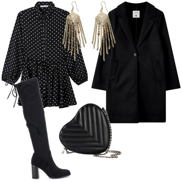 Outfit donna - Weekend. per Serata fuori. Abbinamento con borse a tracolla, cappotti, vestiti chemisier, orecchini, stivali sopra il ginocchio.