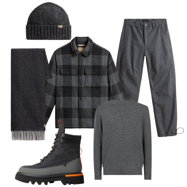 Outfit uomo - In montagna. Stile Casual per Tutti i giorni. Abbinamento con pantaloni, berretti, stivali e stivaletti, sciarpe, cappotti, maglieria.