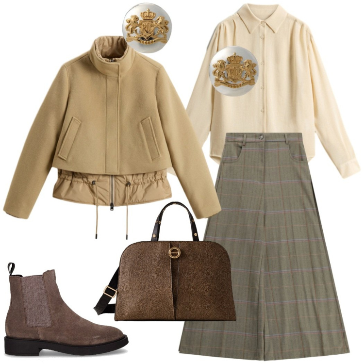 Outfit donna - Total look #2281510. Stile Chic per Ufficio. Abbinamento con pantaloni a palazzo, borse a mano, orecchini, blazer, camicie, stivaletti chelsea.