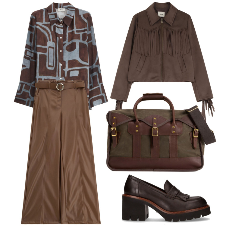 Outfit donna - I toni del marrone. Stile Casual chic per Tutti i giorni. Abbinamento con pantaloni, camicie, blazer, borse a tracolla, décolleté.