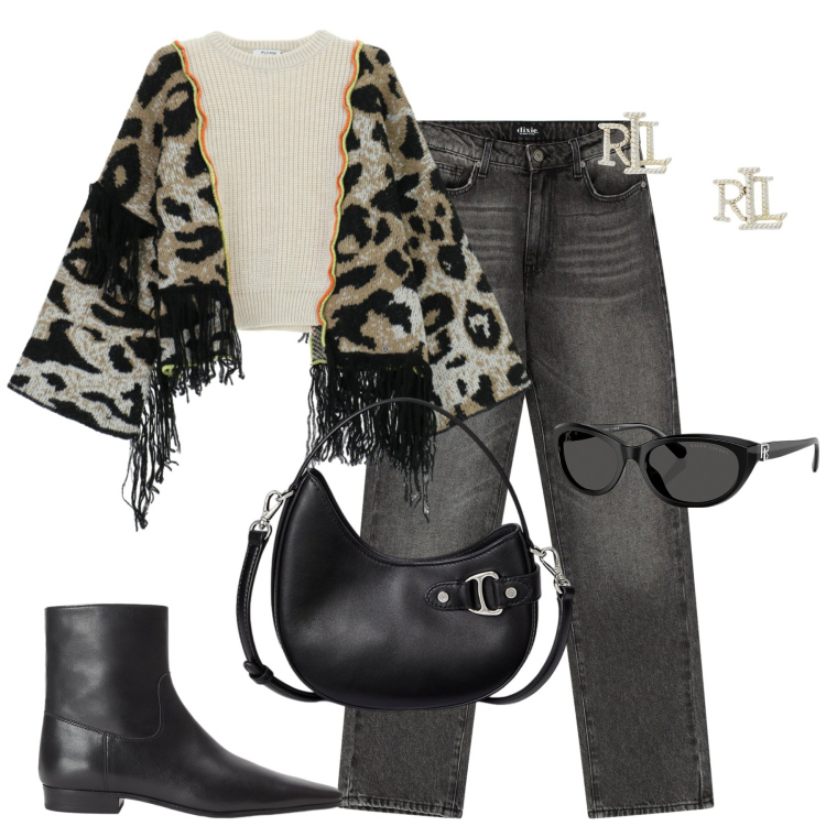 Outfit donna - Novembre. Stile Casual chic per Tutti i giorni. Abbinamento con cardigans, jeans dritti, borse a tracolla, orecchini, stivaletti, occhiali da sole.