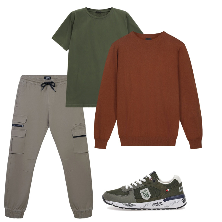 Outfit uomo - Novembre. Stile Casual per Tutti i giorni. Abbinamento con pantaloni cargo, t-shirt, maglieria, sneakers.