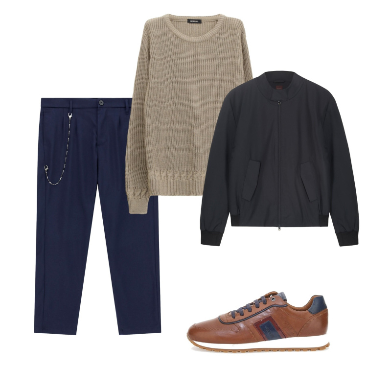 Outfit uomo - Novembre. Stile Casual per Tutti i giorni. Abbinamento con pantaloni, maglieria, bomber, scarpe stringate.
