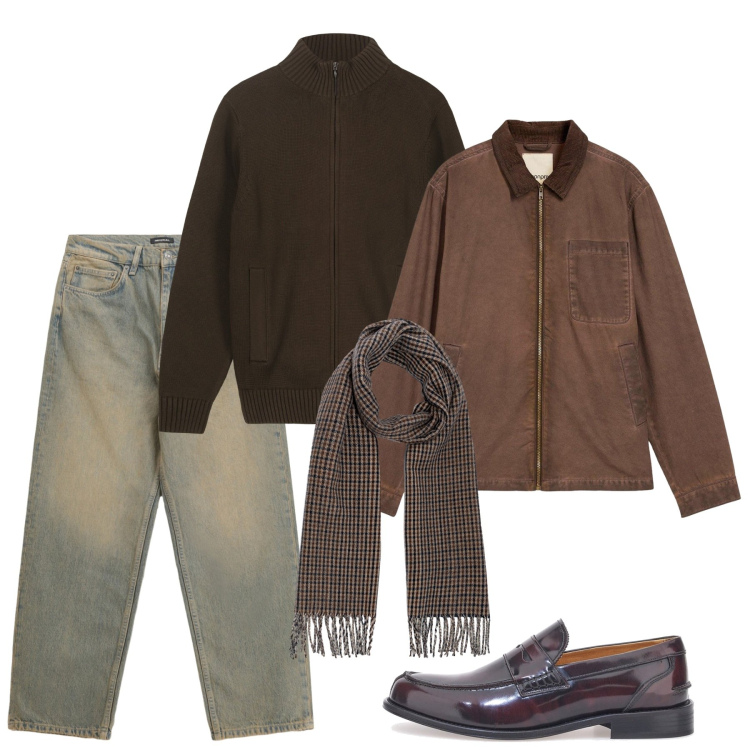 Outfit uomo - Mocassini in vernice castoro. Stile Casual per Tutti i giorni. Abbinamento con giacche, jeans, scarpe stringate, sciarpe, cardigans.