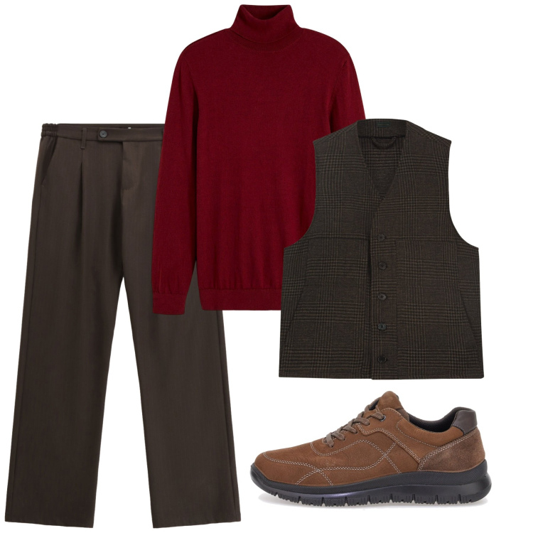 Outfit uomo - Serata tranquilla. Stile Casual per Serata speciale. Abbinamento con maglieria, pantaloni, scarpe stringate, gilet.