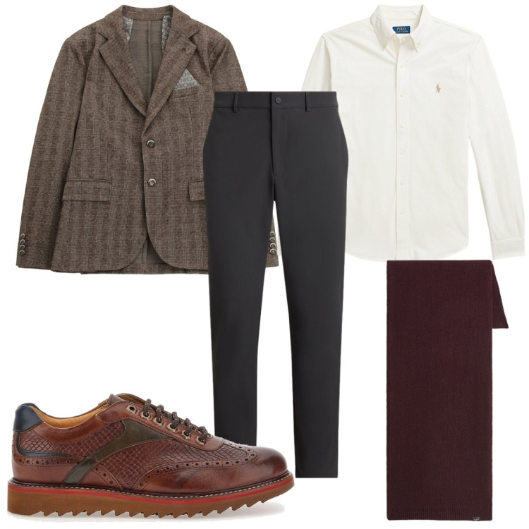 Outfit uomo - Tweed in ufficio. Stile Casual per Tutti i giorni. Abbinamento con giacche, camicie, pantaloni, sciarpe, scarpe stringate.