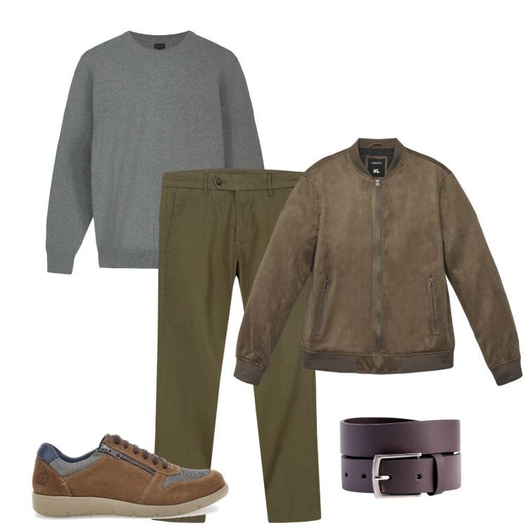 Outfit uomo - Dinamismo. Stile Casual per Tutti i giorni. Abbinamento con giacche, scarpe stringate, pantaloni chino, cinture, maglieria.