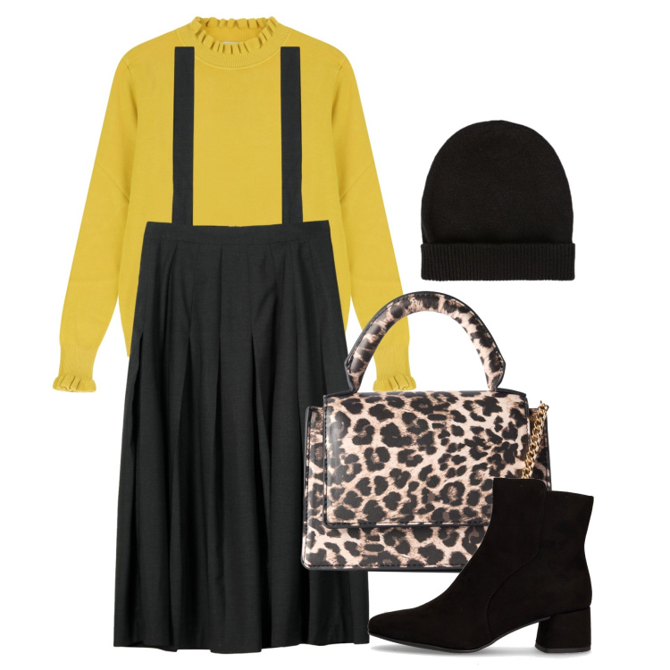 Outfit donna - Bretelle. Stile Preppy per Tutti i giorni. Abbinamento con borse a tracolla, maglieria, gonne lunghe, berretti, stivaletti.