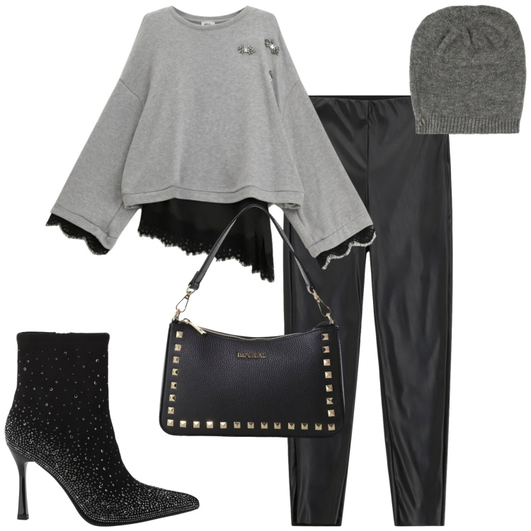 Outfit donna - City. Stile Casual chic per Tutti i giorni. Abbinamento con pochette, stivaletti, maglieria, pantaloni skinny, berretti.