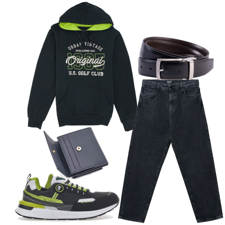 Outfit uomo - Total look #2281560. Stile Trendy per Tutti i giorni. Abbinamento con jeans, sneakers, felpe con cappuccio, portafogli, cinture.