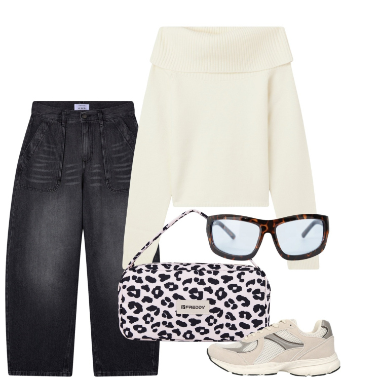 Outfit donna - Panna e fumo. Stile Casual per Tutti i giorni. Abbinamento con maglieria, sneakers, jeans, occhiali da sole, borse a spalla.