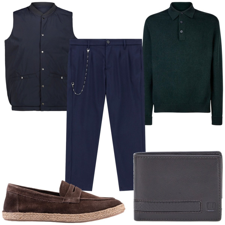 Outfit uomo - Il caffè del mattino in ufficio. Stile Casual per Ufficio. Abbinamento con pantaloni, portafogli, espadrillas, piumini, polo.