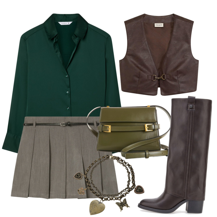 Outfit donna - Verdone per l\'ufficio. Stile Chic per Ufficio. Abbinamento con borse a tracolla, gilet, camicie, minigonne, collane, stivali sopra il ginocchio.
