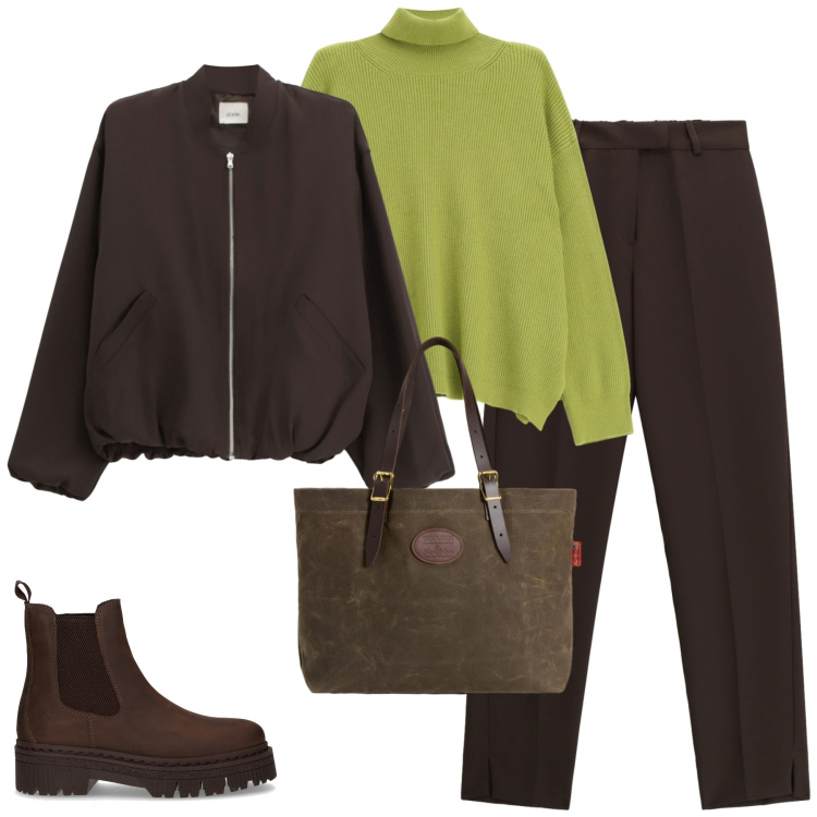 Outfit donna - Ispirazione verde. Stile Casual chic per Tutti i giorni. Abbinamento con pantaloni, maglieria, bomber, borse tote, stivaletti chelsea.
