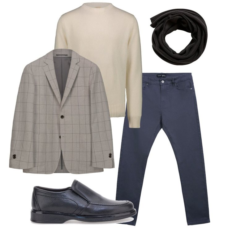 Outfit uomo - Today. Stile Casual per Tutti i giorni. Abbinamento con sciarpe, pantaloni skinny, giacche, maglieria, scarpe stringate.