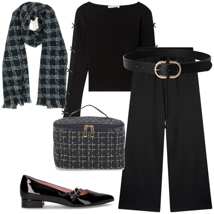 Outfit donna - Total look #2281578. Stile Casual chic per Serata fuori. Abbinamento con pantaloni, t-shirt, cinture, sciarpe, valigie, ballerine.