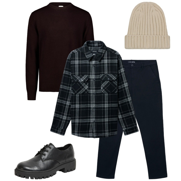 Outfit uomo - Il berretto a novembre. Stile Casual per Tutti i giorni. Abbinamento con pantaloni chino, scarpe stringate, cappotti, berretti, maglieria.