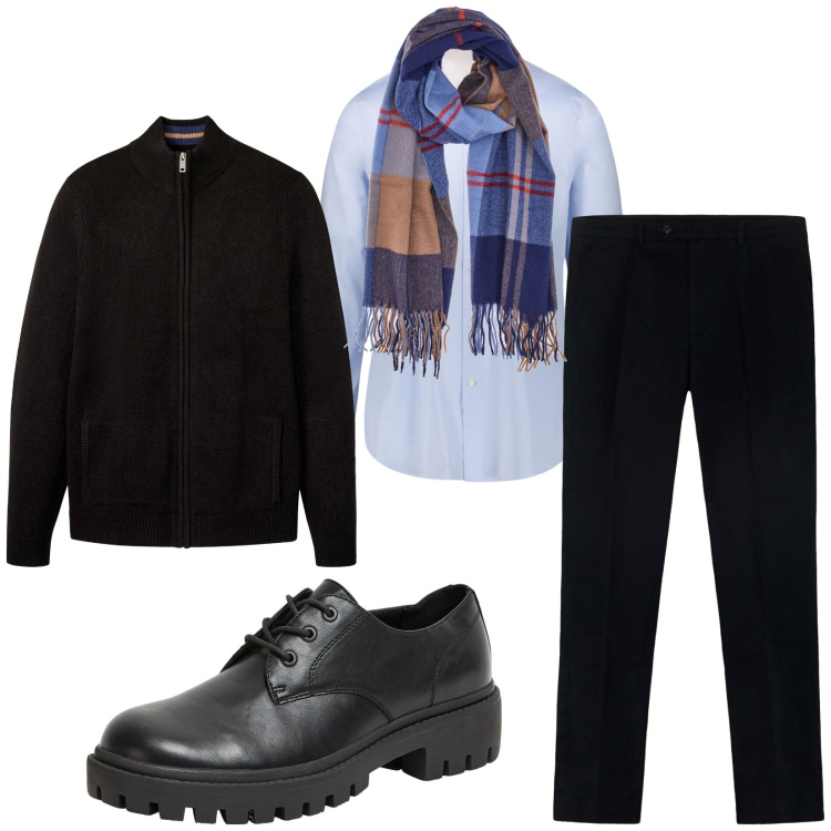 Outfit uomo - Total look #2281583. Stile Business/Elegante per Tutti i giorni. Abbinamento con cardigans, scarpe stringate, camicie, sciarpe, pantaloni.