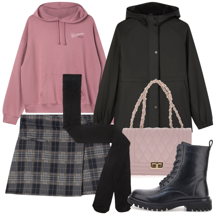 Outfit donna - Mini tartan. Stile Urban per Tutti i giorni. Abbinamento con collant, blazer, minigonne, felpe con cappuccio, anfibi, borse a tracolla.