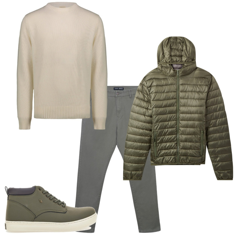 Outfit uomo - Total look #2281585. Stile Casual per Tutti i giorni. Abbinamento con pantaloni chino, piumini, stivali e stivaletti, maglieria.