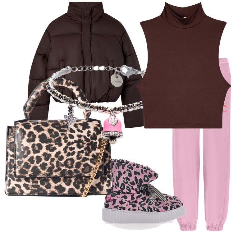 Outfit donna - Total look. Stile Casual chic per Tutti i giorni. Abbinamento con borse a tracolla, top, bomber, pantaloni, braccialetti, stivaletti.