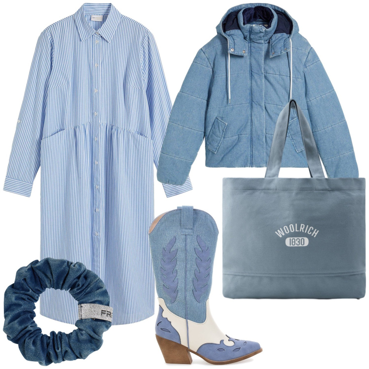 Outfit donna - Azzurro autunno. Stile Trendy per Ufficio. Abbinamento con giacche, vestiti chemisier, accessori per capelli, borse tote, stivaletti texani.