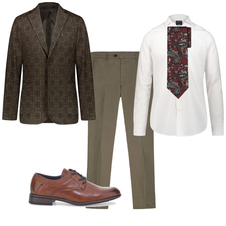 Outfit uomo - Una cravatta vistosa. Stile Business/Elegante per Ufficio. Abbinamento con giacche, camicie, pantaloni chino, scarpe stringate, cravatte.