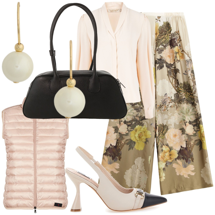 Outfit donna - I pantaloni romantici. Stile Romantica per Serata fuori. Abbinamento con camicie, pantaloni a palazzo, borse a mano, piumini, orecchini, décolleté.