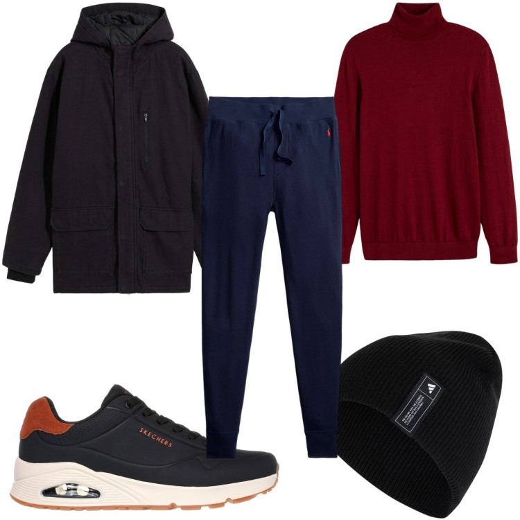 Outfit uomo - Total look #2281598. Stile Trendy per Tutti i giorni. Abbinamento con maglieria, piumini, pantaloni, berretti, sneakers.