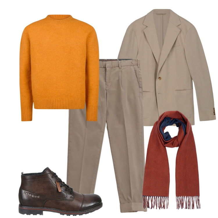 Outfit uomo - Colori autunnali. Stile Casual per Tutti i giorni. Abbinamento con pantaloni chino, maglieria, giacche, stivali e stivaletti, sciarpe.