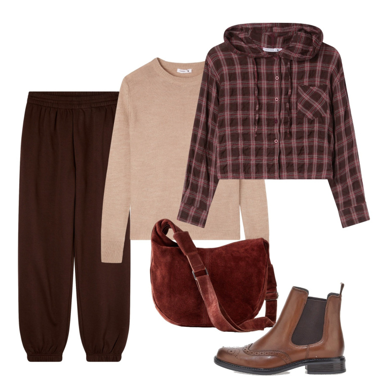 Outfit donna - Autunno. Stile Urban per Tutti i giorni. Abbinamento con borse a mano, pantaloni, camicie, maglieria, stivaletti chelsea.