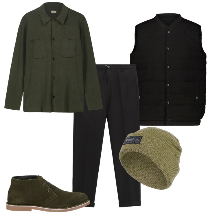 Outfit uomo - Noir et vert. Stile Casual per Tutti i giorni. Abbinamento con pantaloni, piumini, berretti, stivali e stivaletti, cardigans.