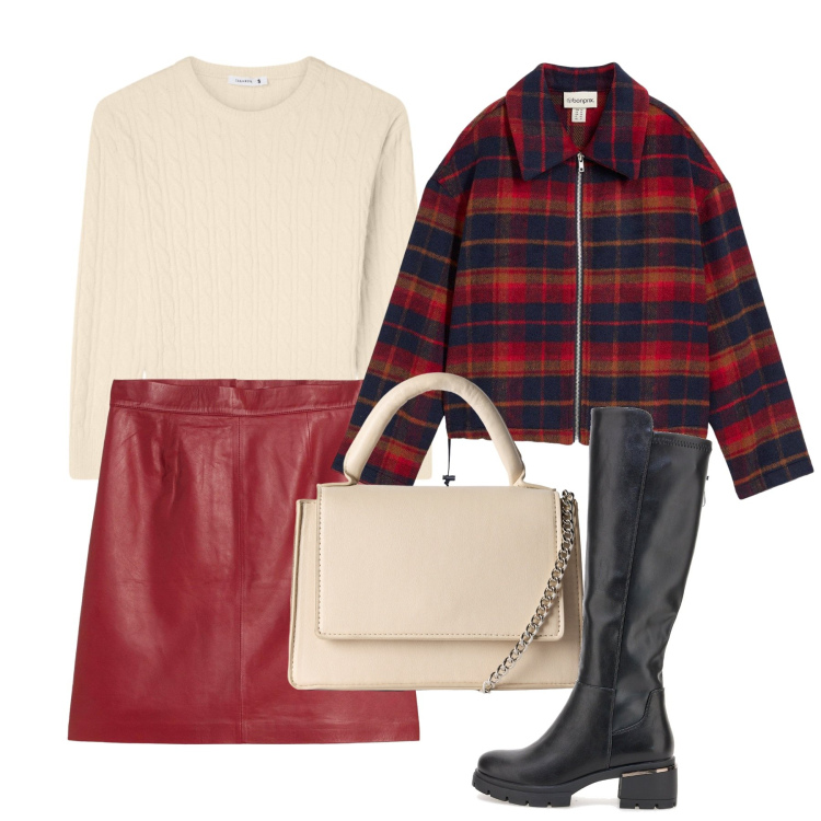 Outfit donna - Il rosso delle feste. Stile Bon Ton per Tutti i giorni. Abbinamento con minigonne, blazer, maglieria, borse a tracolla, stivali.