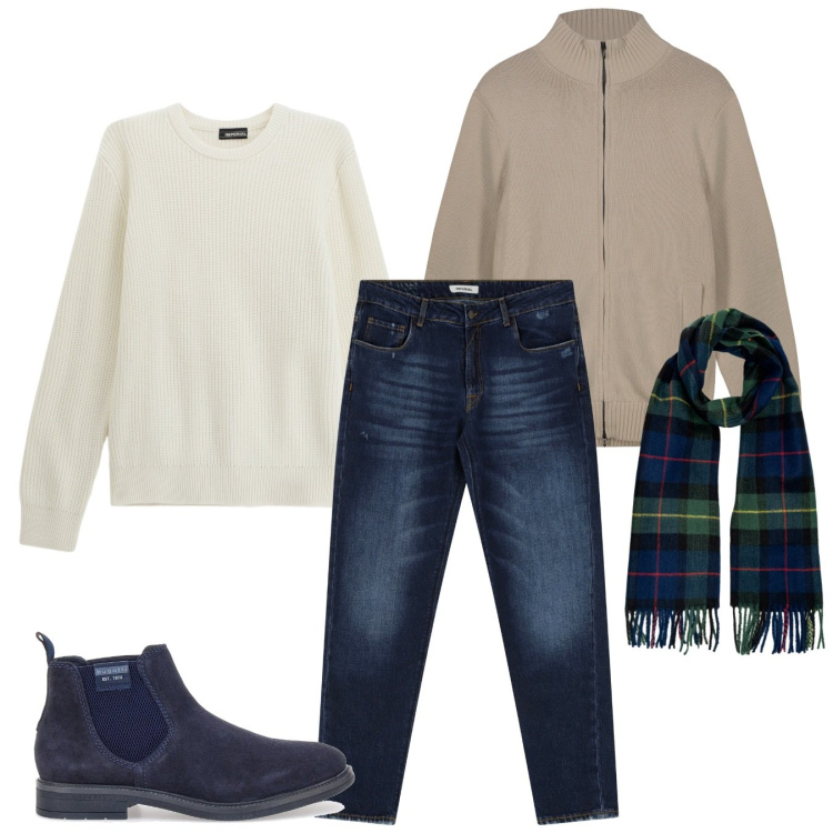 Outfit uomo - Un pomeriggio con gli amici. Stile Casual per Tutti i giorni. Abbinamento con jeans dritti, maglieria, stivali e stivaletti, sciarpe, cardigans.