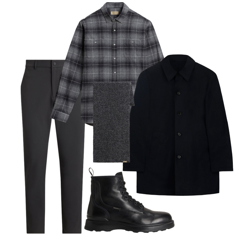 Outfit uomo - Tonalità scure. Stile Casual per Tutti i giorni. Abbinamento con pantaloni, anfibi, camicie, sciarpe, trench.