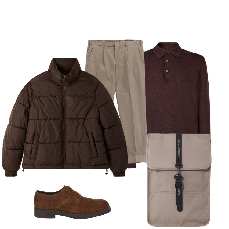 Outfit uomo - Pratico per il mio viaggio in treno. Stile Urban per Tutti i giorni. Abbinamento con bomber, borse sportive, pantaloni chino, polo, scarpe stringate.