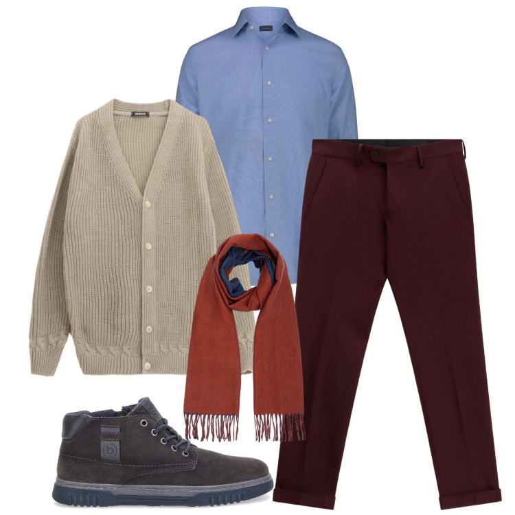 Outfit uomo - La sciarpa che stacca. Stile Trendy per Tutti i giorni. Abbinamento con cardigans, pantaloni, scarpe stringate, camicie, sciarpe.