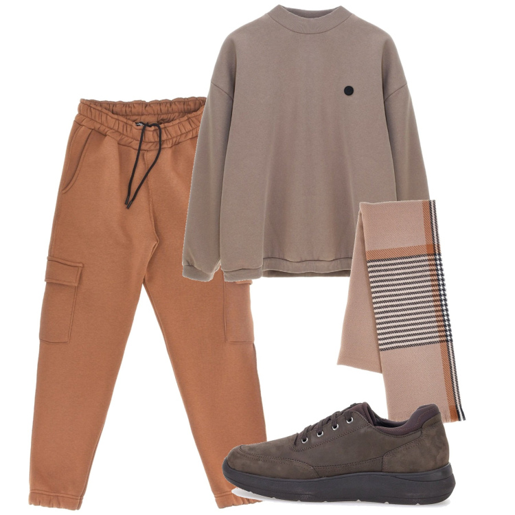 Outfit uomo - Fine settimana. Stile Casual per Tutti i giorni. Abbinamento con sciarpe, scarpe stringate, pantaloni cargo, felpe.