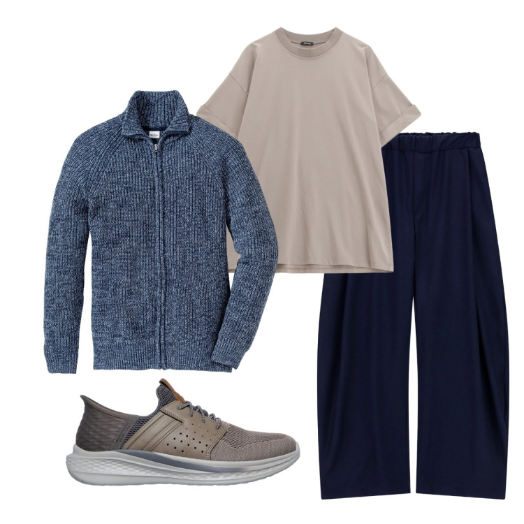 Outfit uomo - In casa. Stile Casual per Tutti i giorni. Abbinamento con cardigans, pantaloni, t-shirt, sneakers.