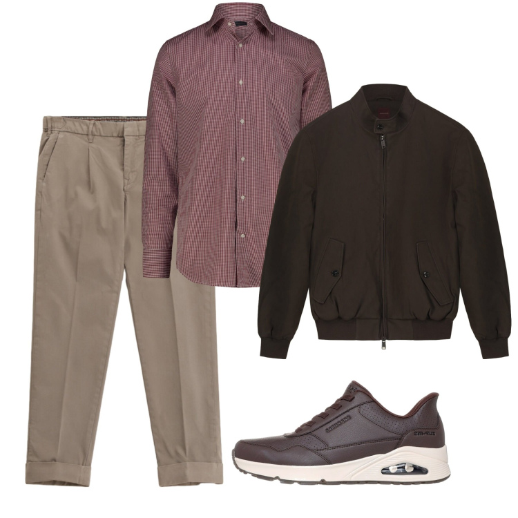 Outfit uomo - Ufficio free. Stile Trendy per Tutti i giorni. Abbinamento con pantaloni chino, camicie, bomber, sneakers.