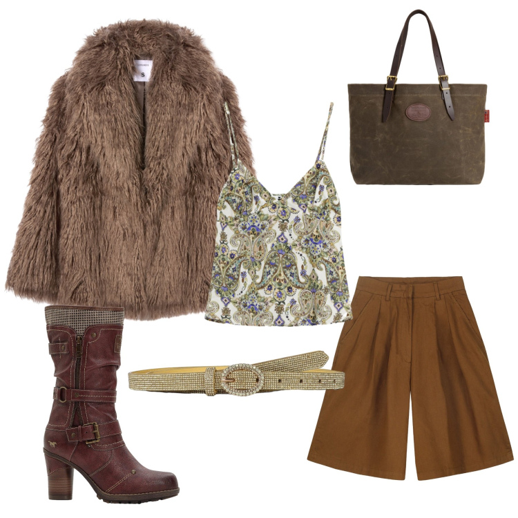 Outfit donna - Caldo autunno. Abbinamento con stivali, top, ecopellicce, cinture, borse tote, bermuda.