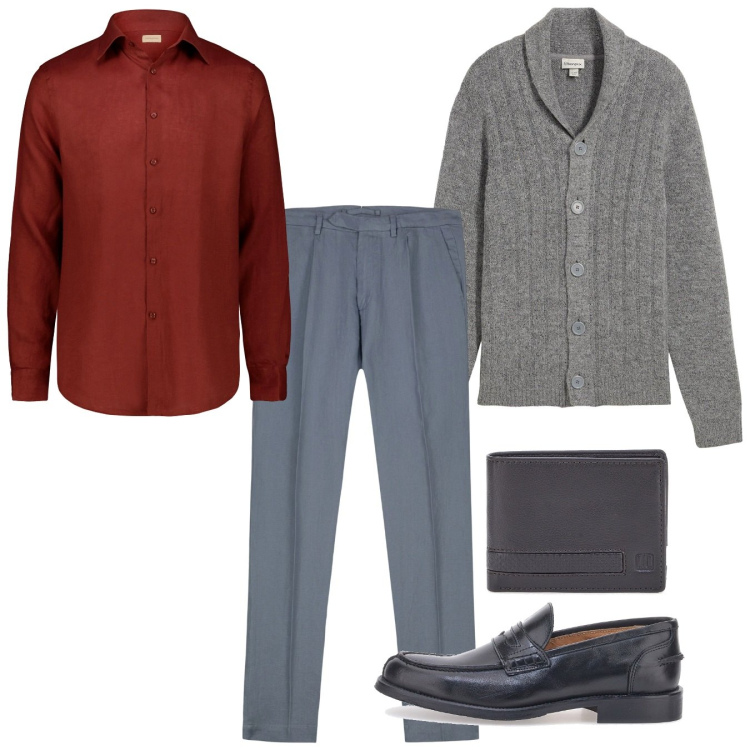 Outfit uomo - Comodissimo. Stile Casual per Tutti i giorni. Abbinamento con cardigans, camicie, portafogli, scarpe stringate, pantaloni.