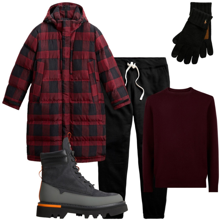 Outfit uomo - Lassù in montagna. Stile Casual per Tutti i giorni. Abbinamento con pantaloni, guanti, stivali e stivaletti, parka, maglieria.