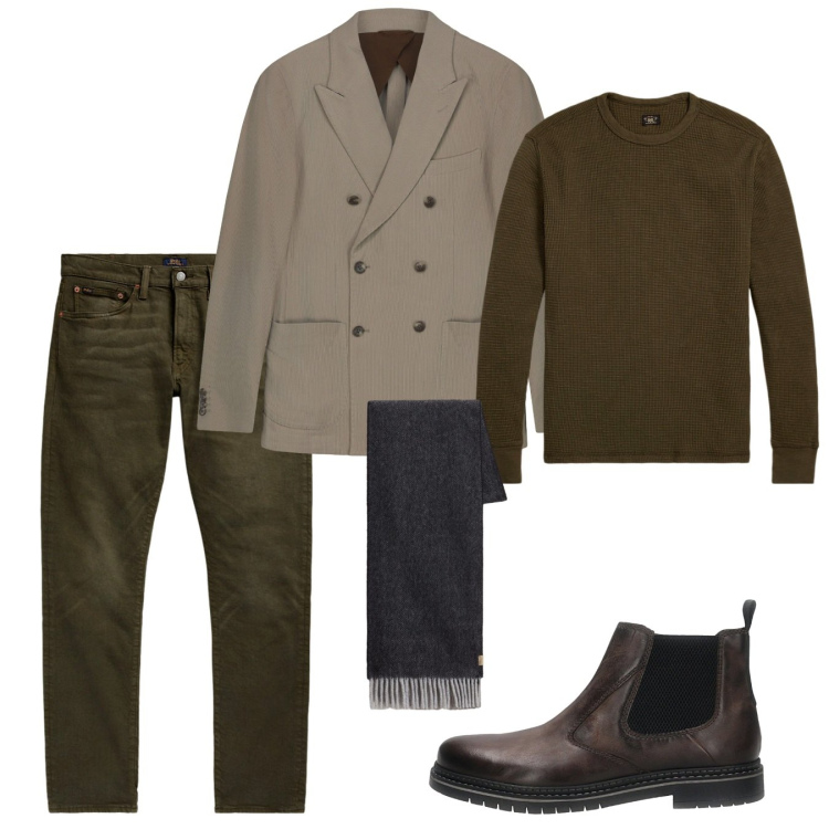Outfit uomo - Doppiopetto. Stile Casual per Tutti i giorni. Abbinamento con maglieria, jeans, sciarpe, giacche, stivali e stivaletti.