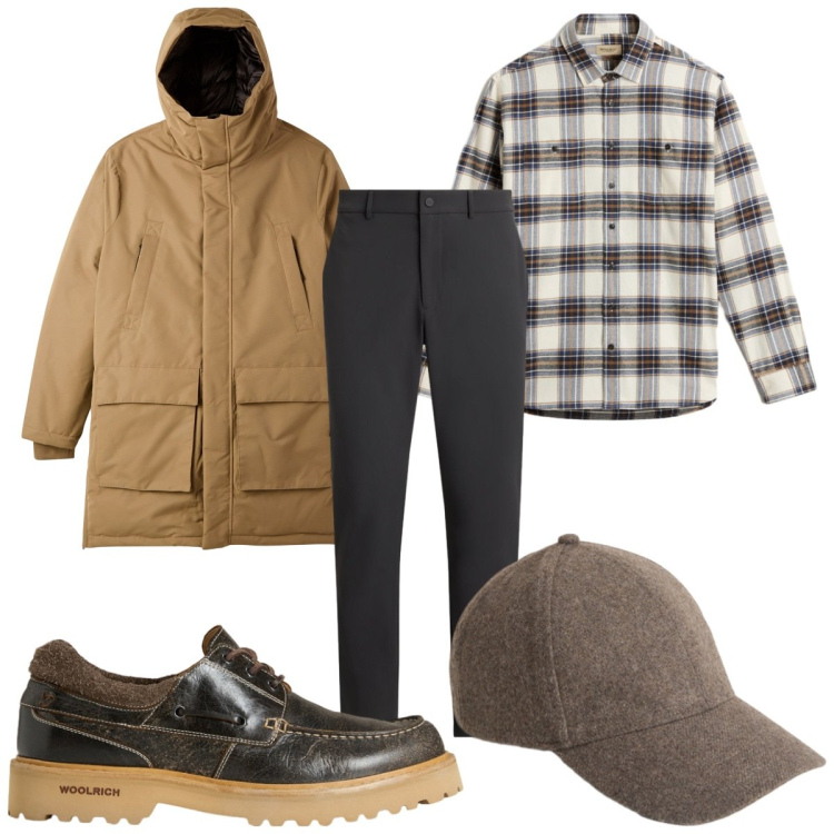 Outfit uomo - Total look #2281631. Stile Casual per Tutti i giorni. Abbinamento con parka, pantaloni, scarpe stringate, camicie, cappelli.